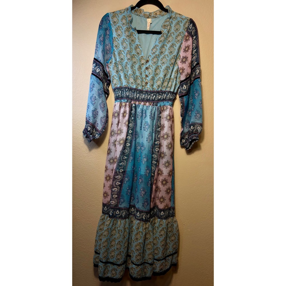 Raga Patchwork Paisley Floral Boho Maxi Dress Blue Purple Smocked Waist Medium